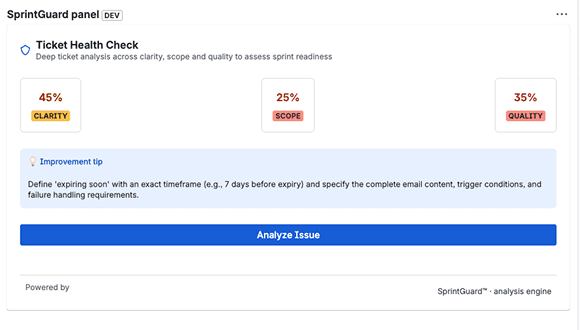 SprintGuard analyzing a Jira ticket