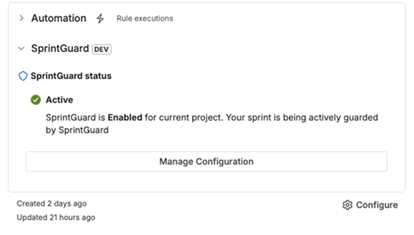 SprintGuard admin configuration panel