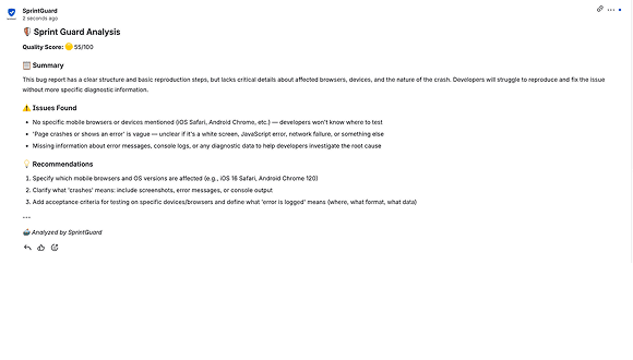 SprintGuard full analysis comment on a Jira ticket
